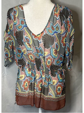 Bisou Bisou Sheer Paisley Blouse Women S Smocked Waist Y2K Boho Tunic Top